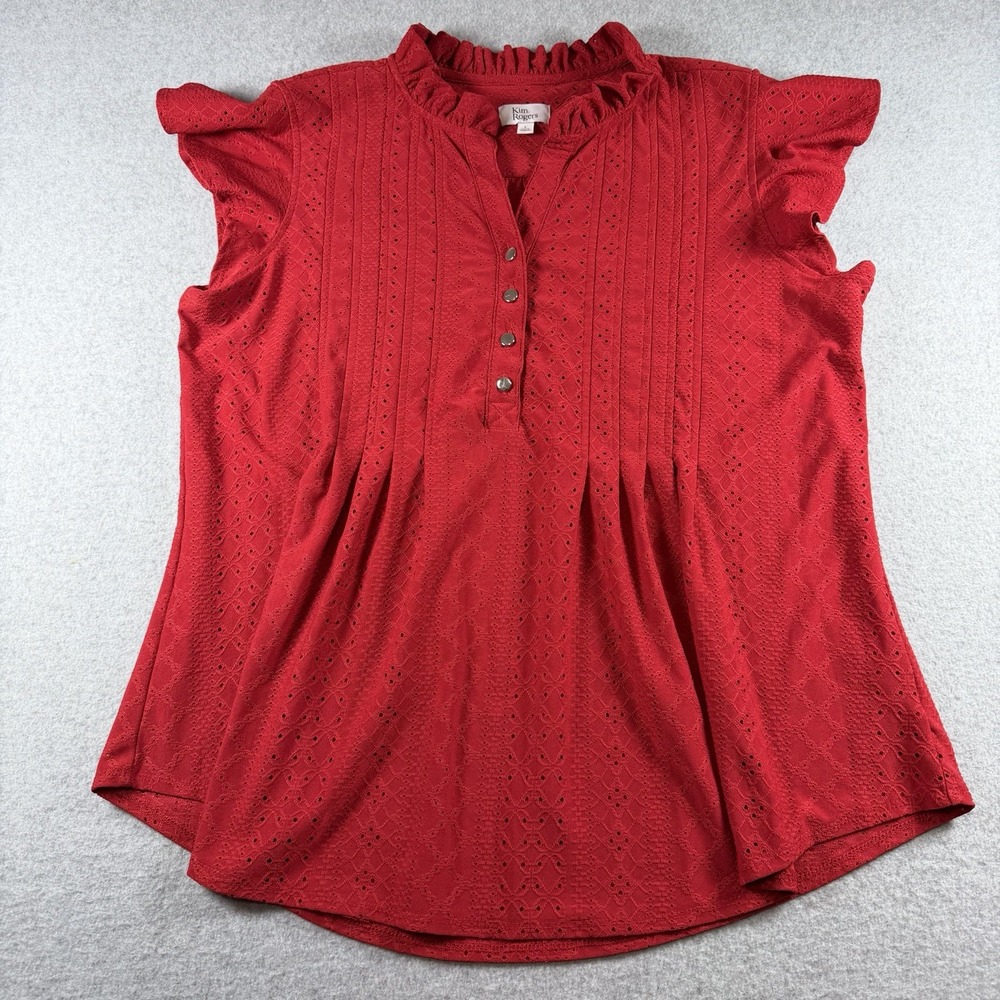 Kim Rogers Red Eyelet Blouse L Ruffle Flutter Sleeve Cottagecore Coquette Top